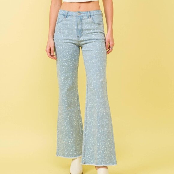 Mid Rise Pearl Stretch Flare Denim Jeans - Picture 1 of 5
